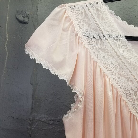 Vintage Shadowline Night Gown Sz S Maxi Peach Pink Nylon Puffy Flower USA NEW - Picture 6 of 16